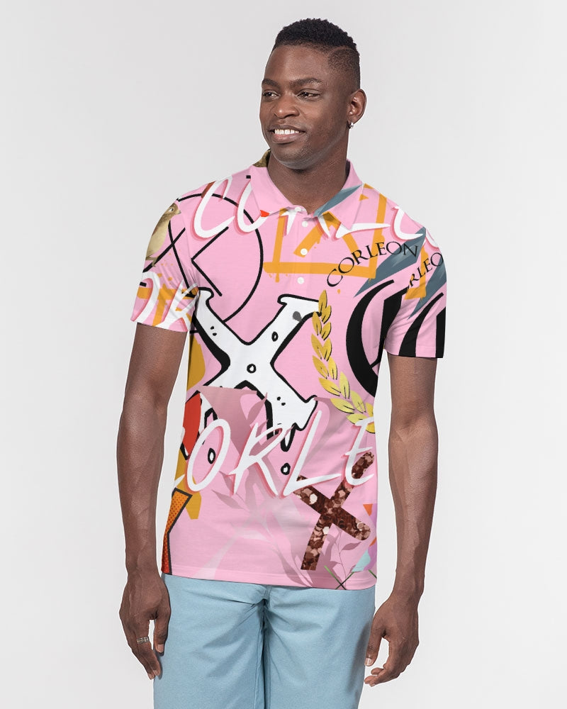 PINK_ WHITE Men's Slim Fit Short Sleeve Polo